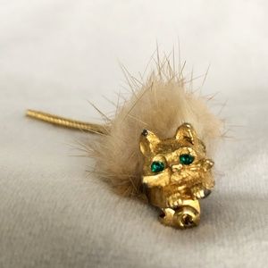 Faux Gold Cat Fuzzy Pin Brooch/ Cat Green Emerald